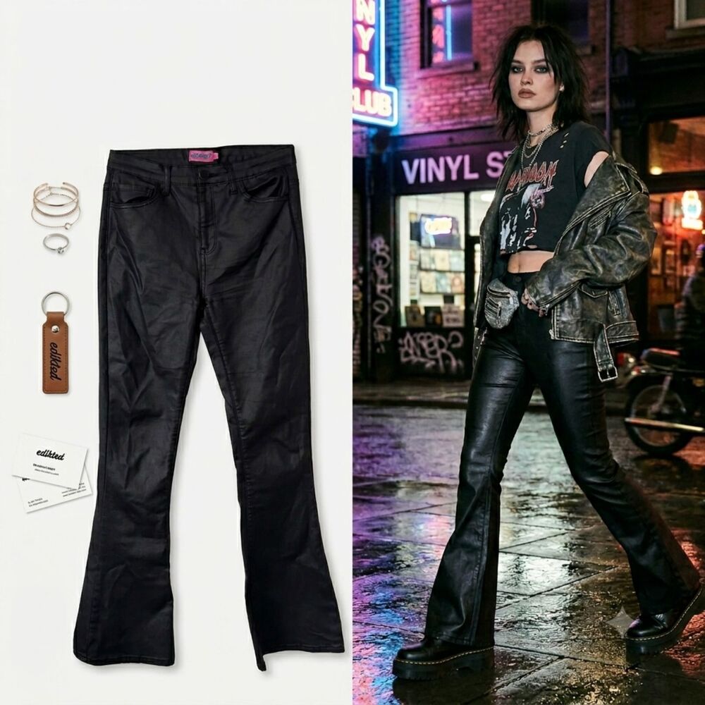 Edikted Black Faux Leather Stretch Flare Pants High Waisted Coated Medium